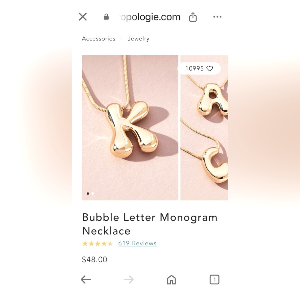 NWT Anthropologie 14 Karat Gold Plated Bubble Letter Monogram Necklace